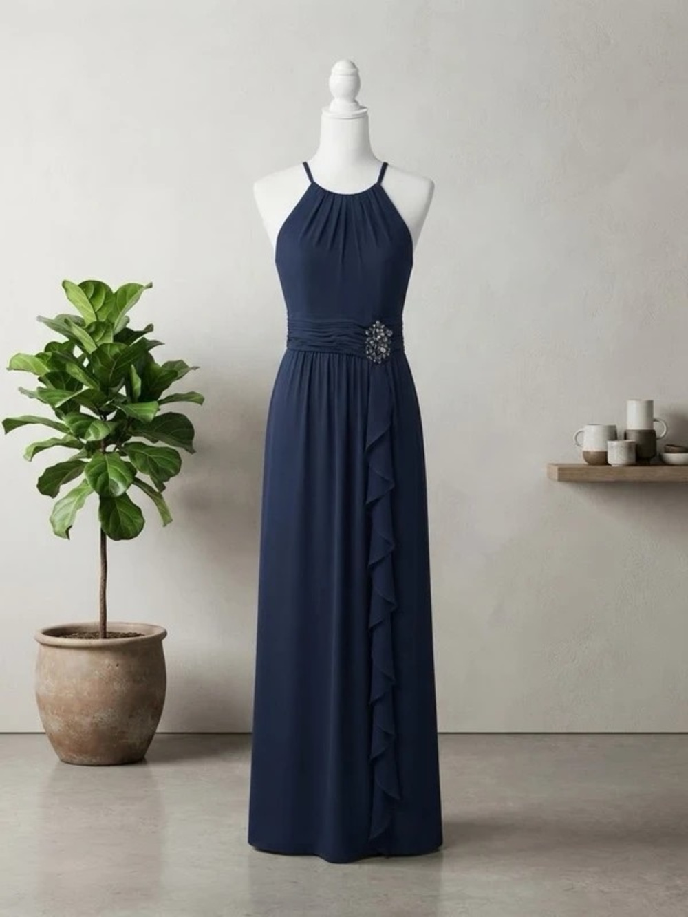 Elegant Navy Halter Maxi Dress with Jeweled Waist Accent